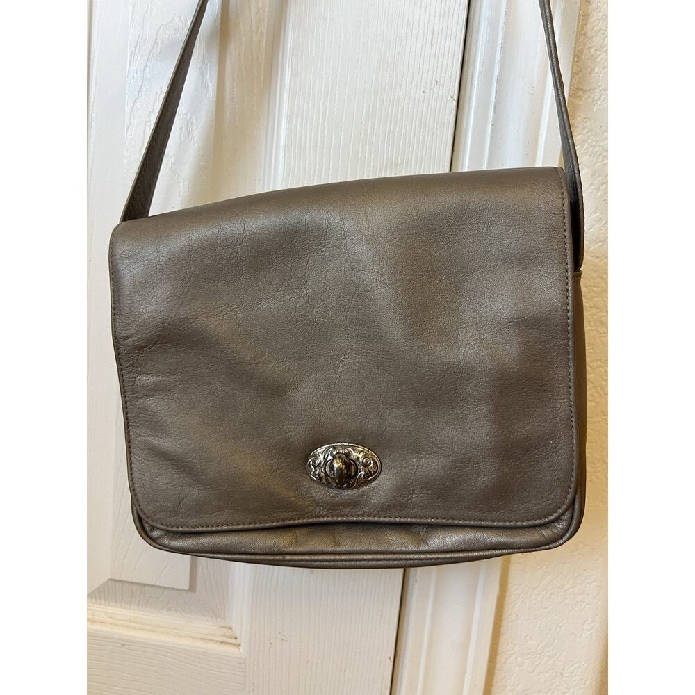 Vintage FOSSIL Crossbody Bag Cognac Grey Leather Flap Purse Turnkey Y2K - Picture 2 of 12